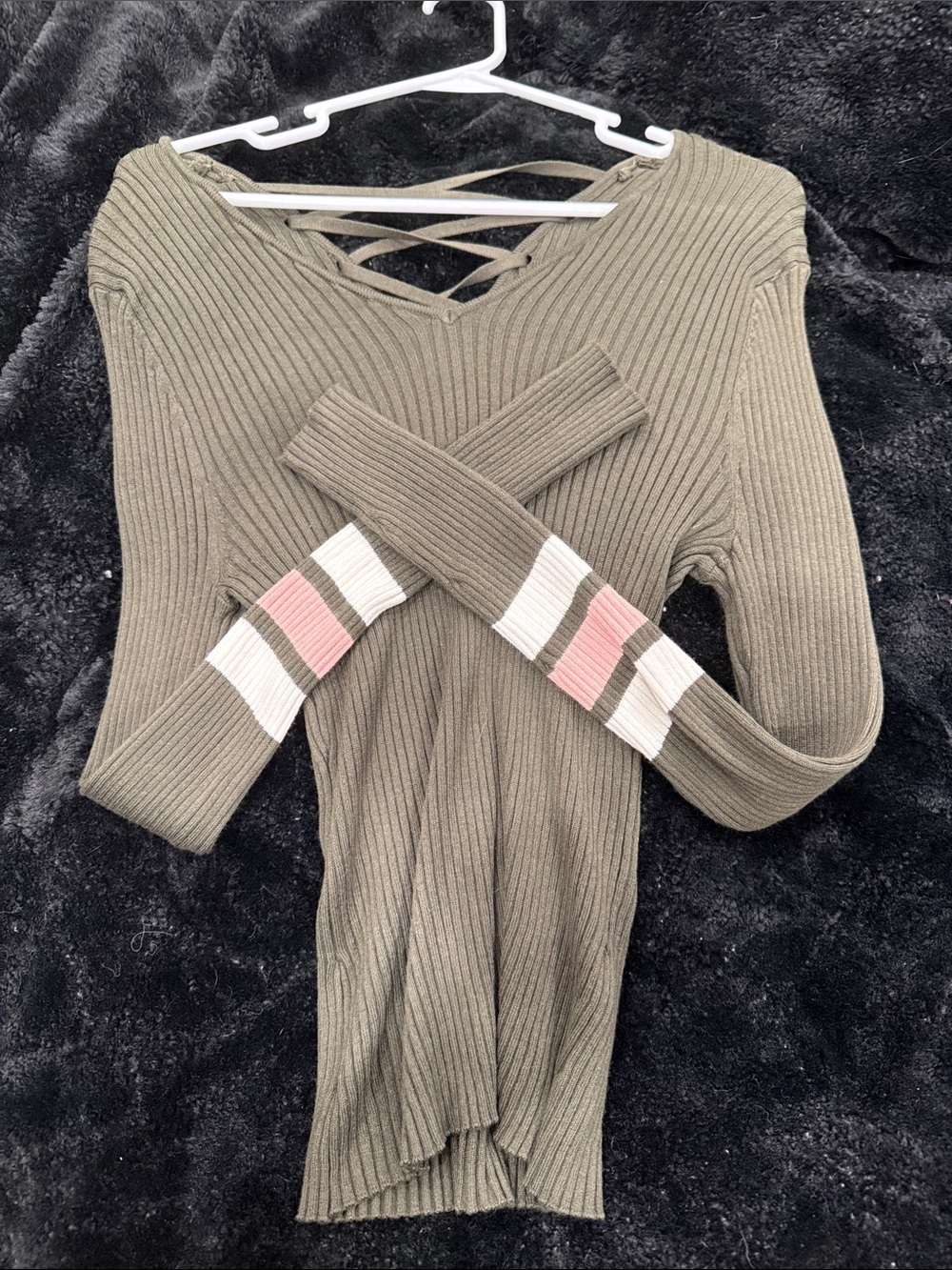 Hooked Up by IOT Olive Ribbed Long Sleeve Top with Pink and White Stripe Detail